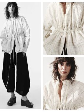 Light Plaid Drawstring Button-Up Shirt Jacket - Cream Plaid Zara NWT size S